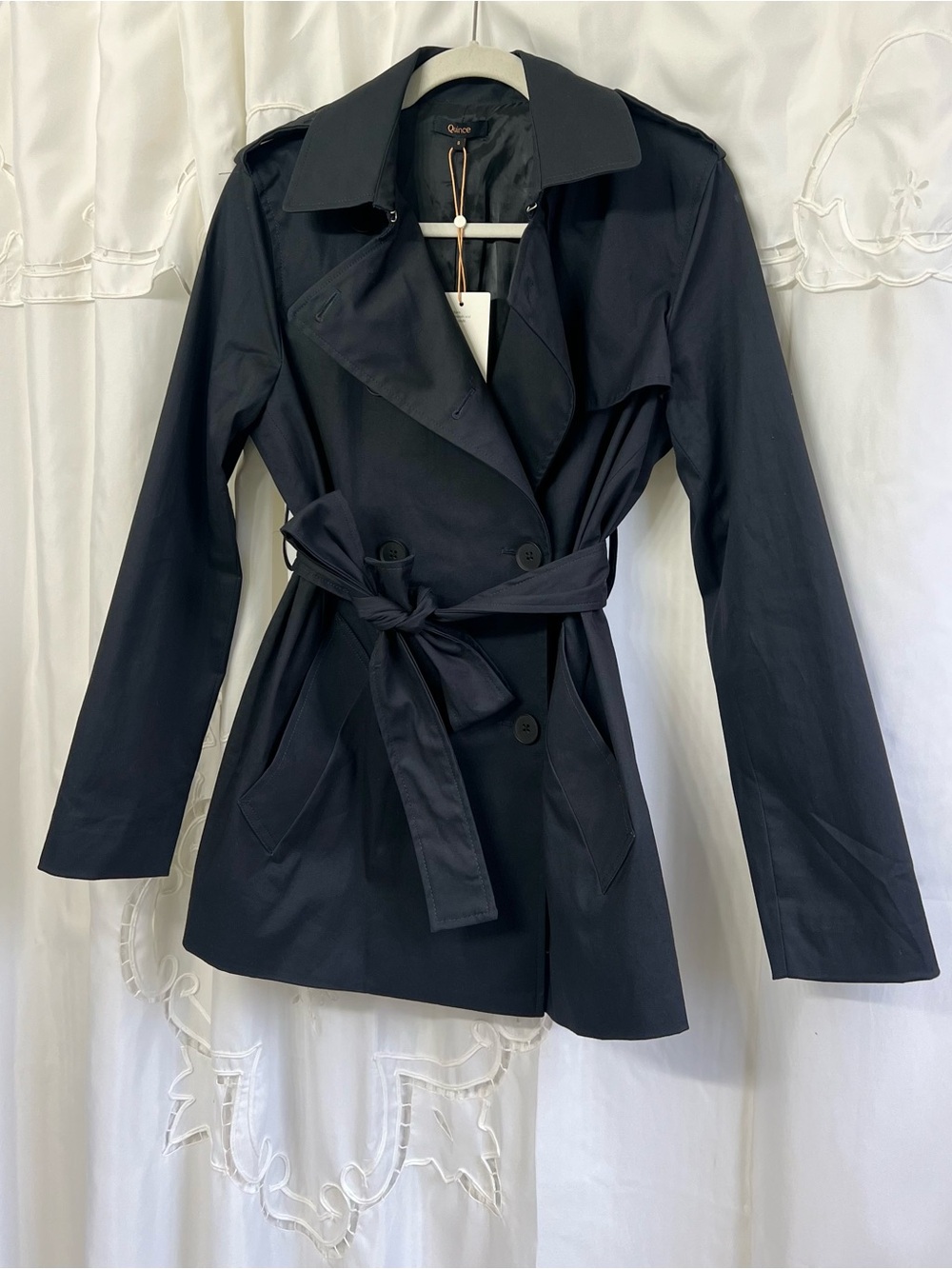 NWT Quince Comfort Stretch Short Trench Coat Black Small Belted - Picture 9 of 16